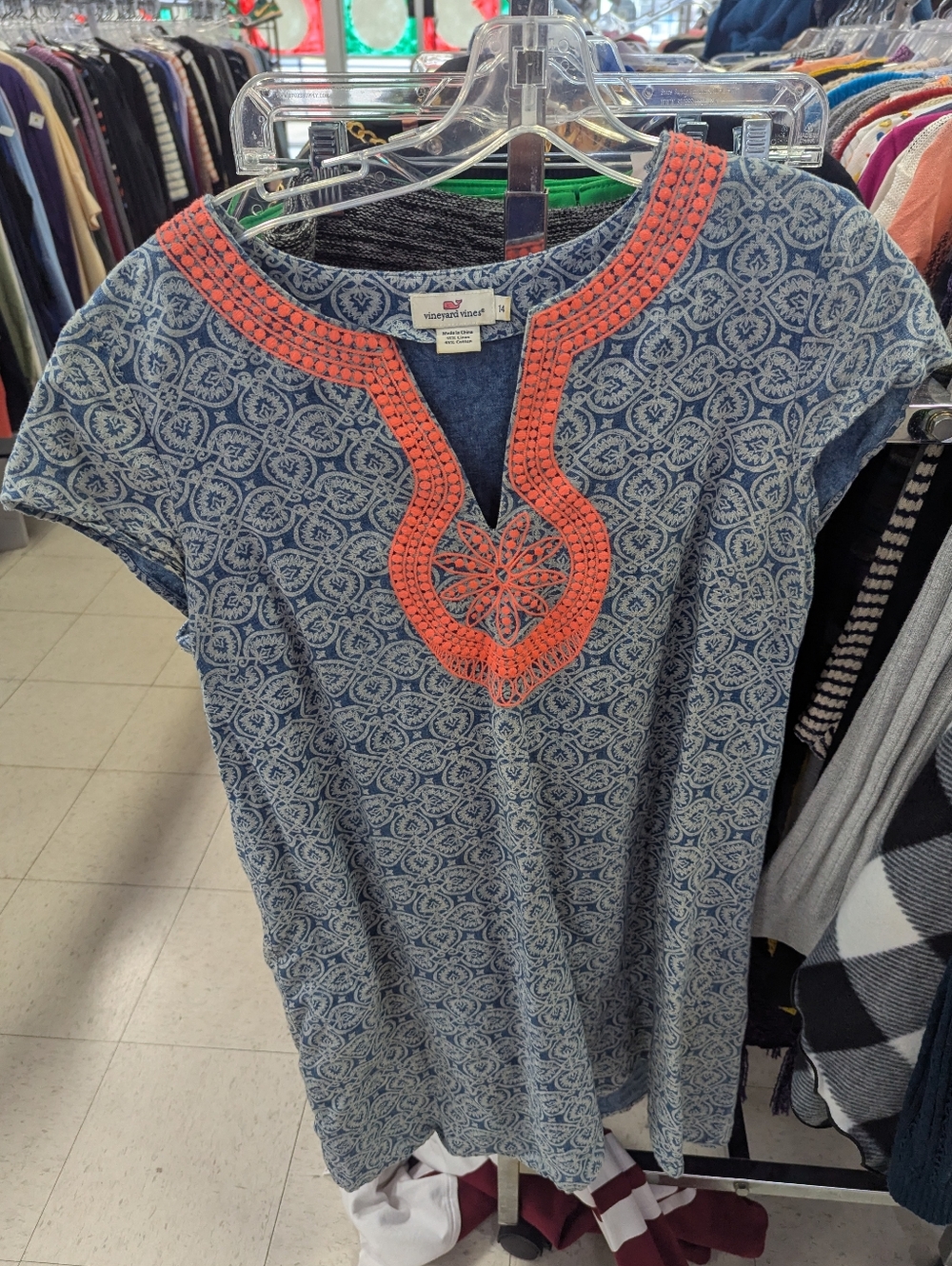 Vineyard Vines Dress Blue Pattern with Coral Pink Trim Sz 14